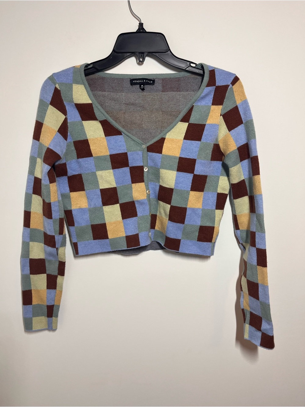 Kendall & Kylie Cropped V-Neck Checker Cardigan - Blue, Brown, Yellow, Green